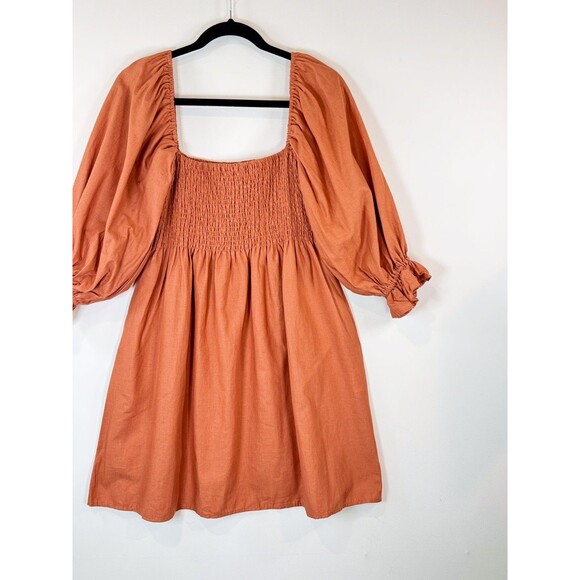 Kourt Portia Dress Orange Flax Smocked Mini Puff Sleeve A Line Babydoll Large - Picture 6 of 11